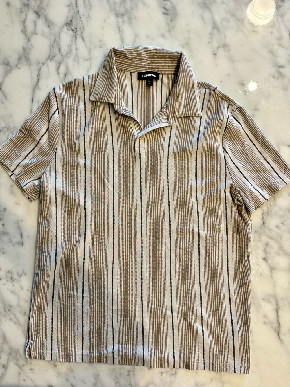 Express Men’s Beige & Brown Vertical Stripe Polo Shirt
